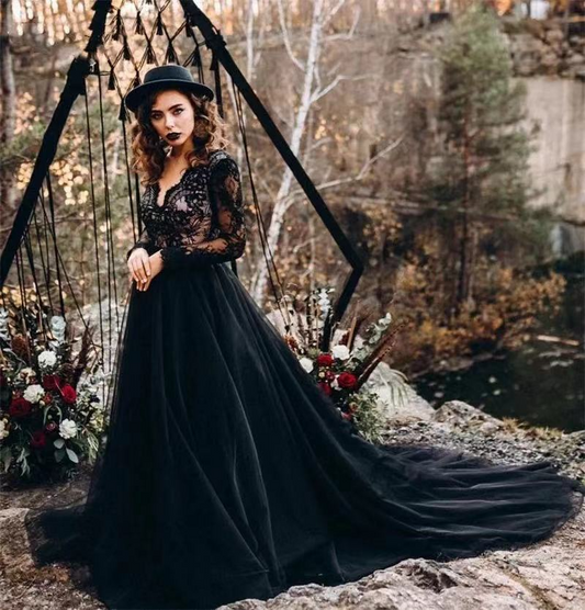 Black A-Line V-Neck Long Sleeves Lace Tulle Wedding Dresses With Lace