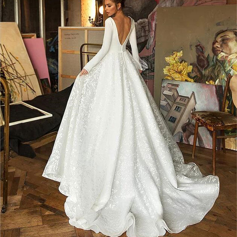 Ivory Satin Deep V-Neck Long Sleeves Wedding Dress