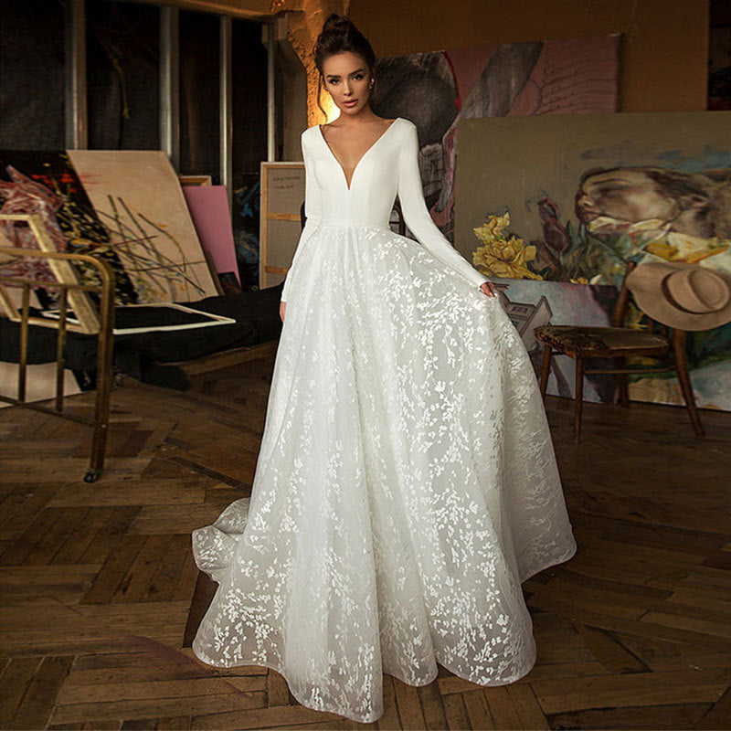 Ivory Satin Deep V-Neck Long Sleeves Wedding Dress