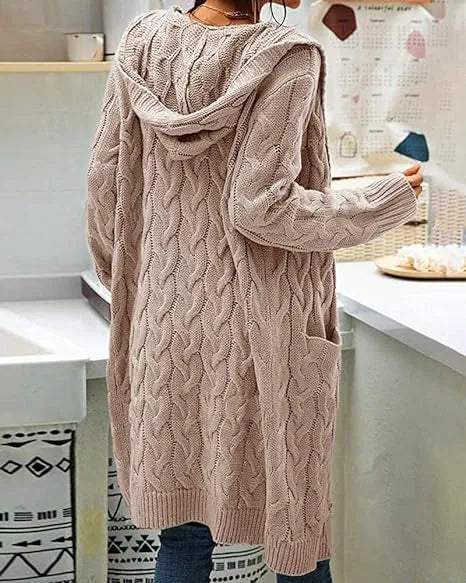 Women Hooded Open Front Cardigan Cable Knit Sweater