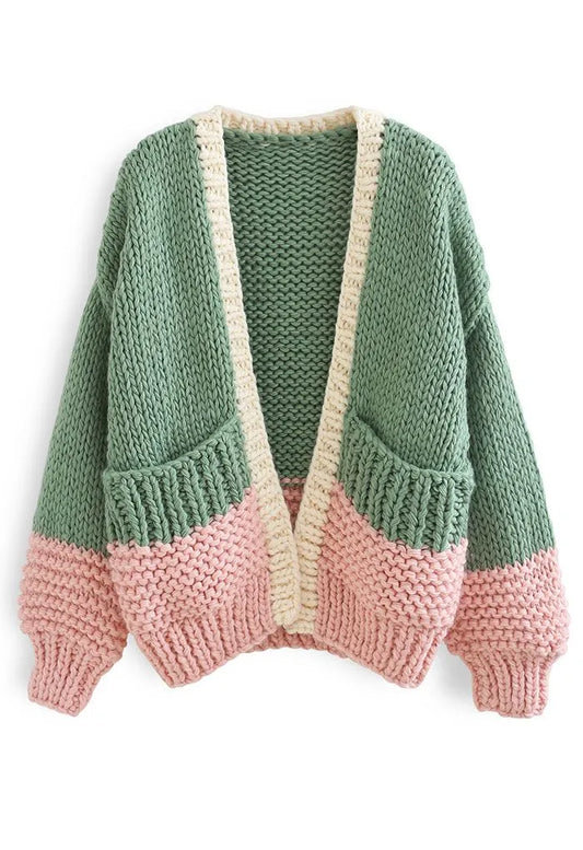 Color Blocked Hand-knitted Chunky Cardigan