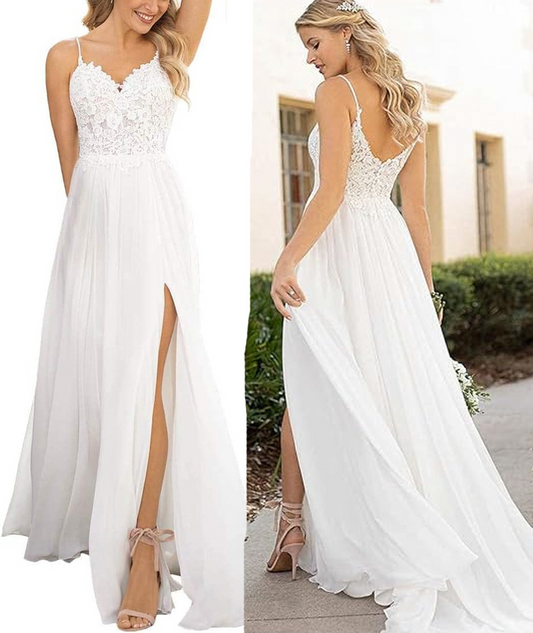 A Line Chiffon Lace Sweetheart Spaghetti Straps Backless Beach Wedding Dress