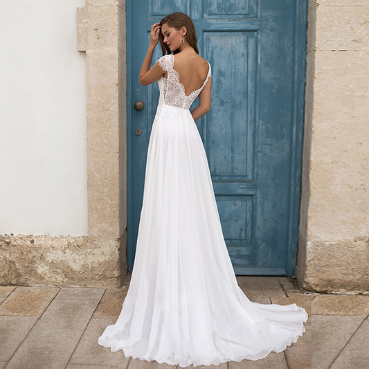 Lace Embroidered V-neck Sleeveless Brush Train Wedding Dress