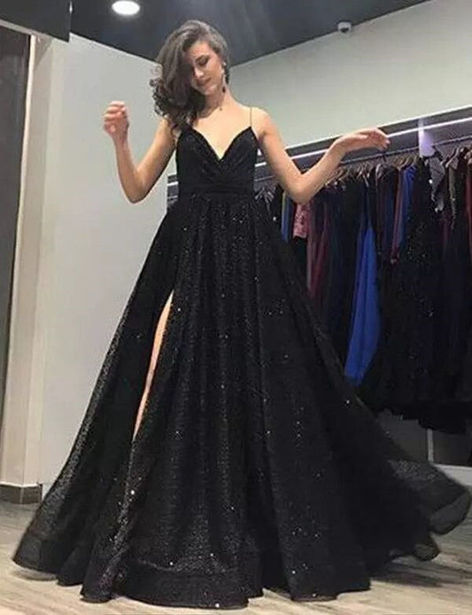 Black V-Neck Sequined Split Prom Dress