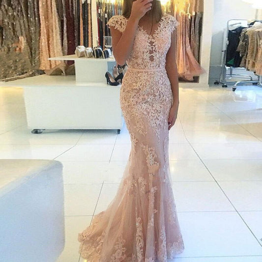 V Neck Brush Train Applique Evening Dress