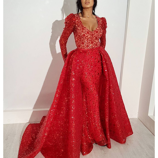 Red Embroidered Brush Train Evening Dress