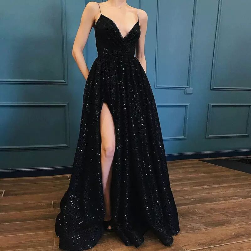 Black Spaghetti Strap Deep V Neck Ball Gown Evening Dress