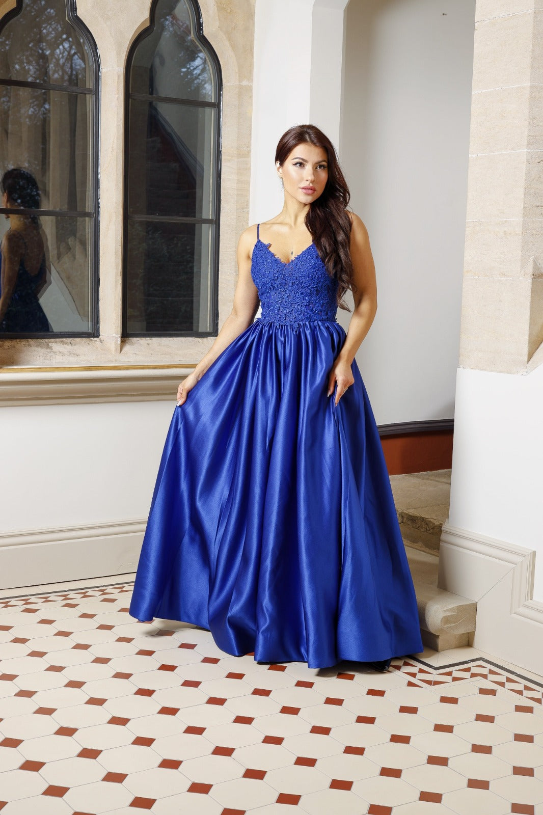 Blue Satin Lace Embroidered Suspender Evening Dress