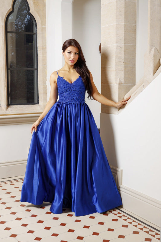 Blue Satin Lace Embroidered Suspender Evening Dress