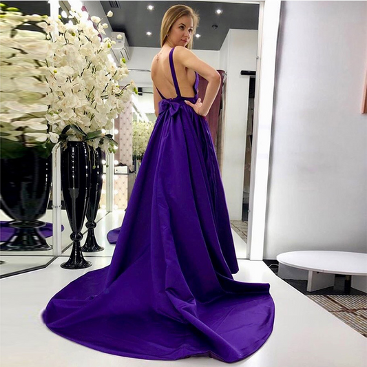 Purple Sleeveless Backless Pleated Evening Dress