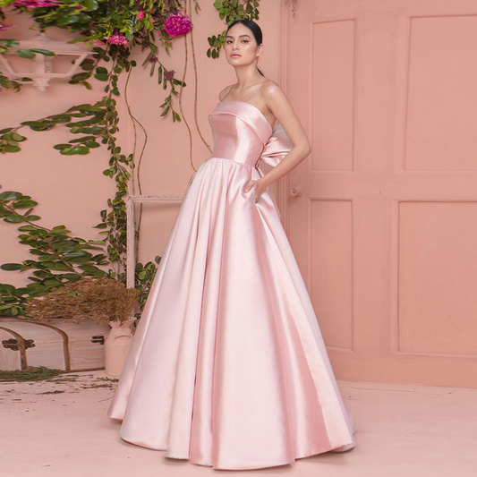 Pink Satin Oblique Shoulder Sleeveless Evening Dress