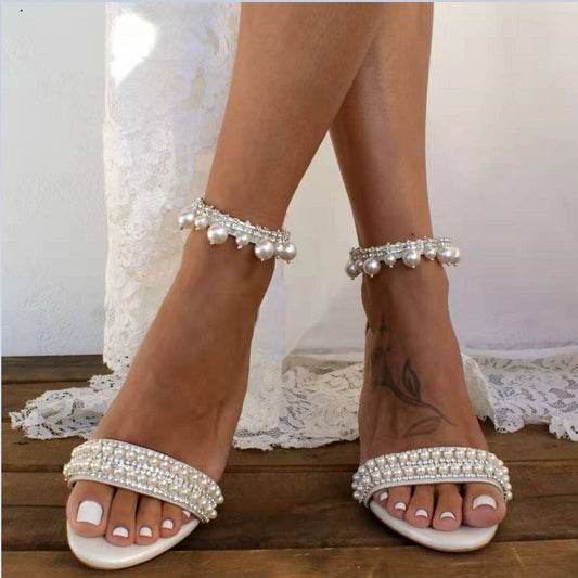 White Rhinestone Pearls Anklet Chunky Wedding Heels