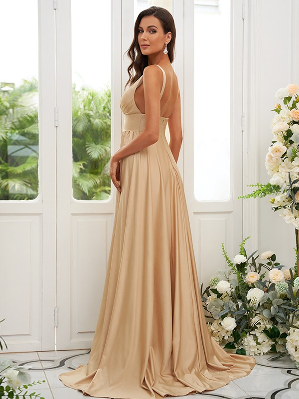 Princess Jersey Ruffles V-neck Sleeveless Sweep/Brush Train Bridesmaid Dress