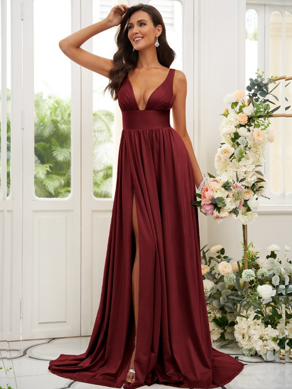 Princess Jersey Ruffles V-neck Sleeveless Sweep/Brush Train Bridesmaid Dress