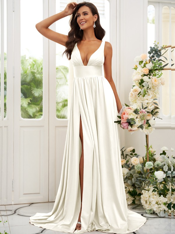 Princess Jersey Ruffles V-neck Sleeveless Sweep/Brush Train Bridesmaid Dress