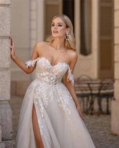 A Line Off the Shoulder Champagne Tulle Detachable Wedding Dress