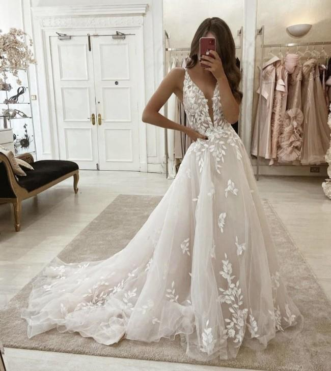 A Line Deep V Neck Champagne Tulle Wedding Dress