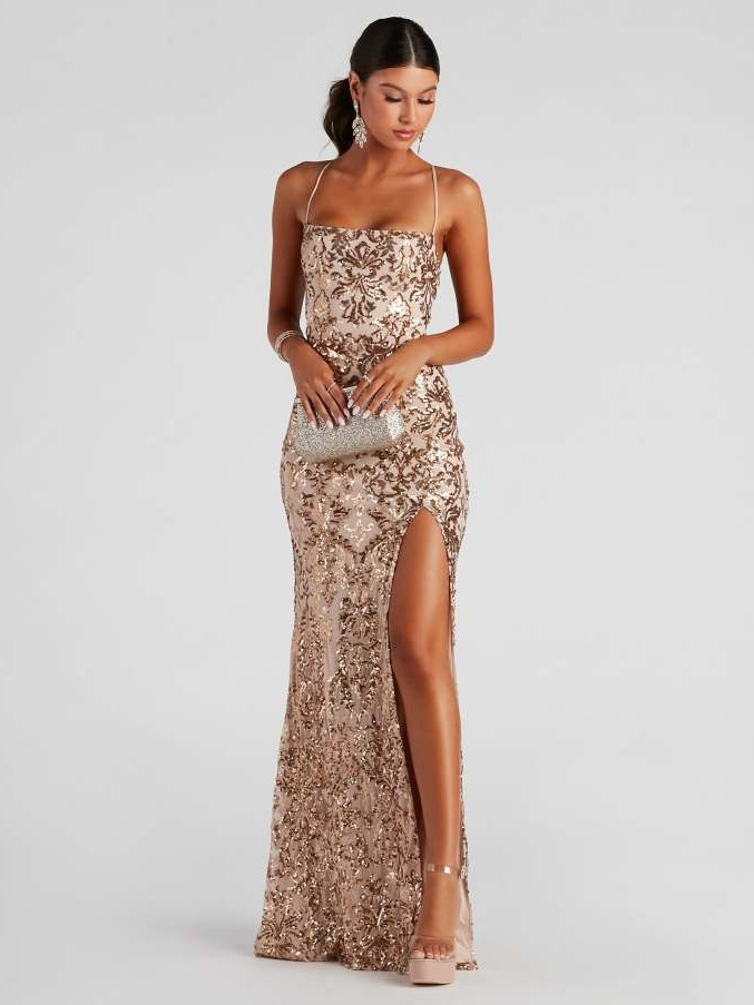 Sequin Backless High Slit Evening Dress