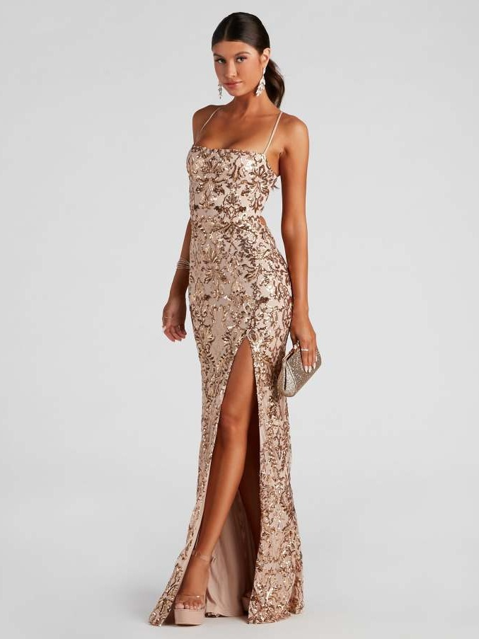 Sequin Backless High Slit Evening Dress