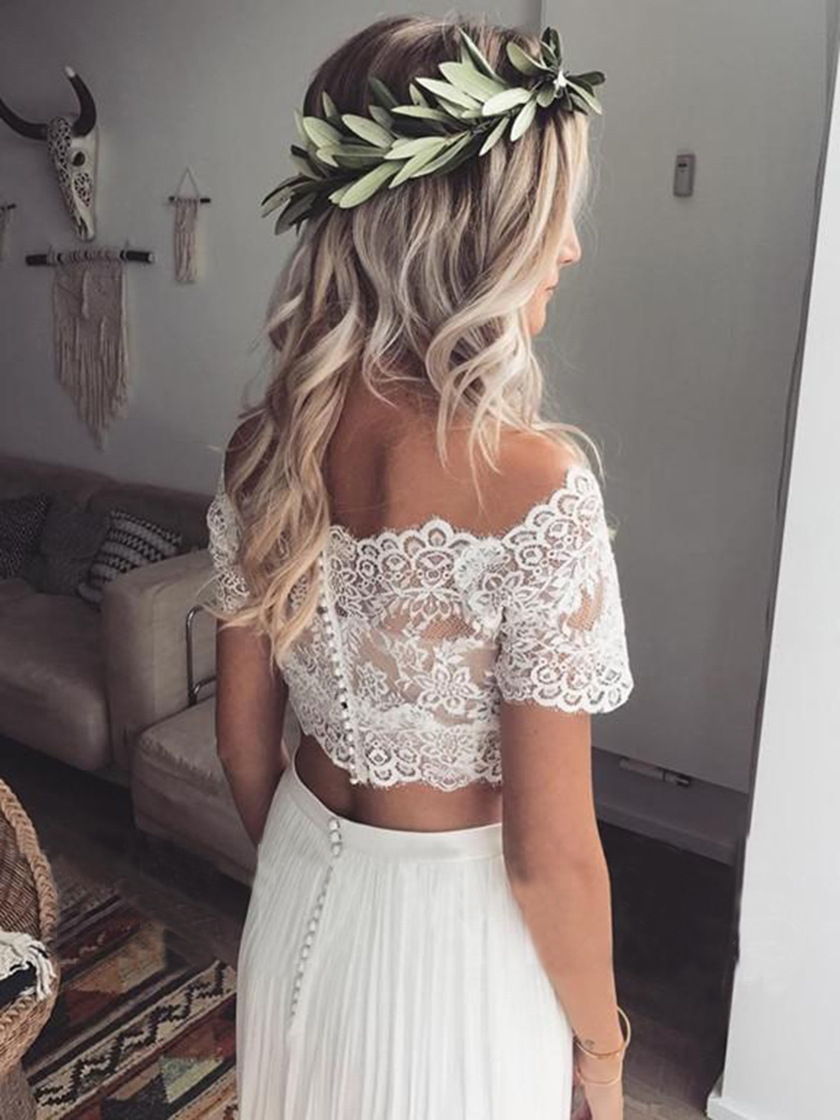 Short Sleeve Lace Crop Top Two Piece Wedding Dress