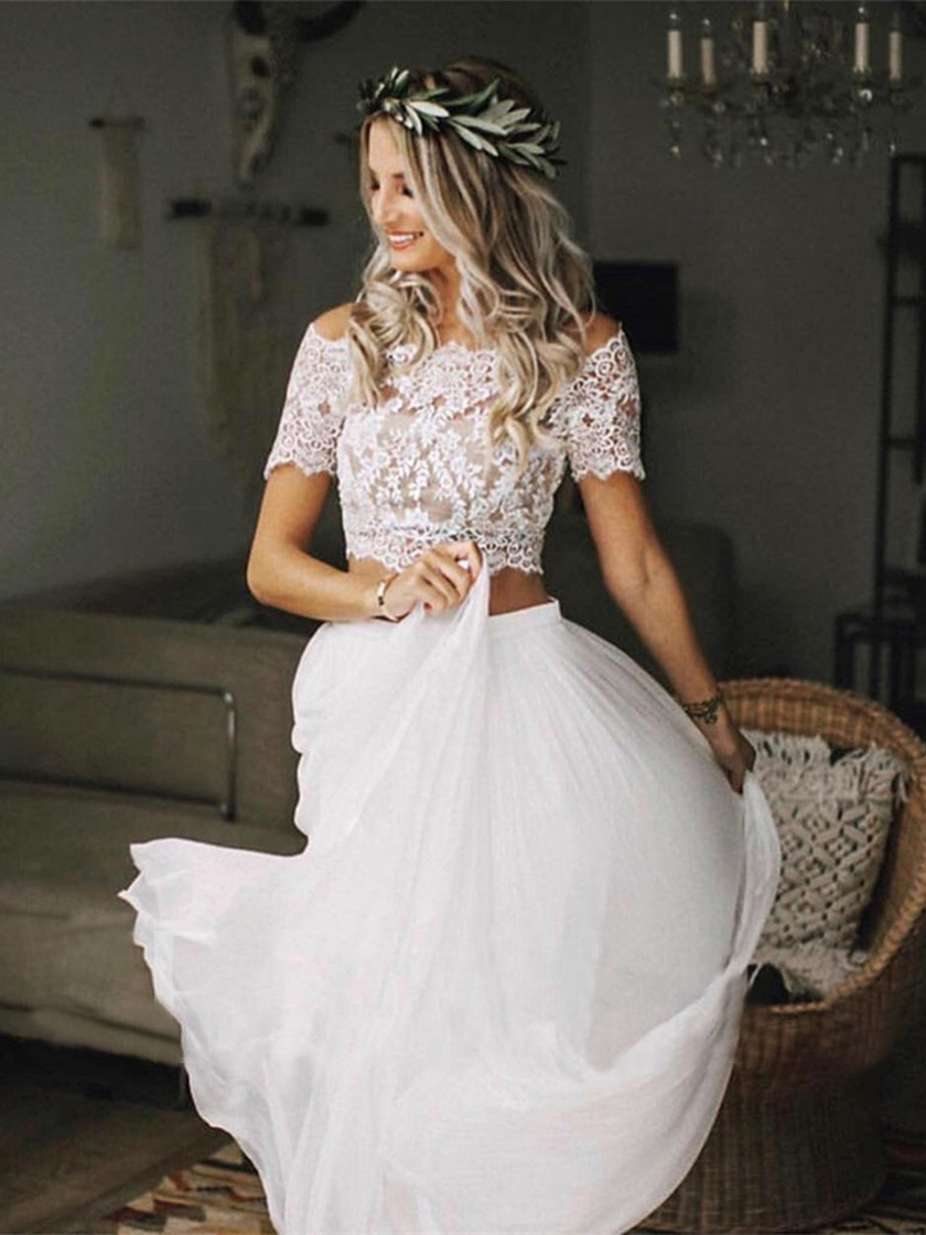 Short Sleeve Lace Crop Top Two Piece Wedding Dress