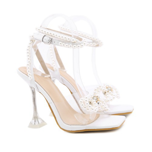 Glimmer White Wrap Around Diamante Bow Square Toe Heels