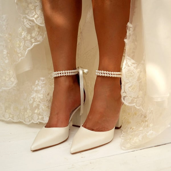 Pearl Ribbon Tie Block Heel Point Toe Wedding Heels