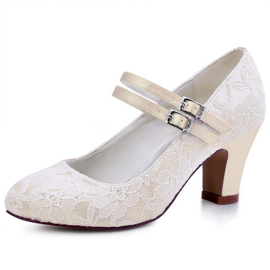 Lace Satin High Heel Closed Toe Wedding Heels