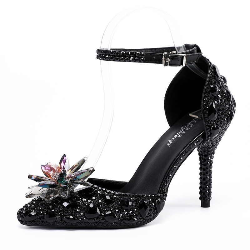 Crystal Rhinestone Pointed Toe Ankle Strap Wedding Heels