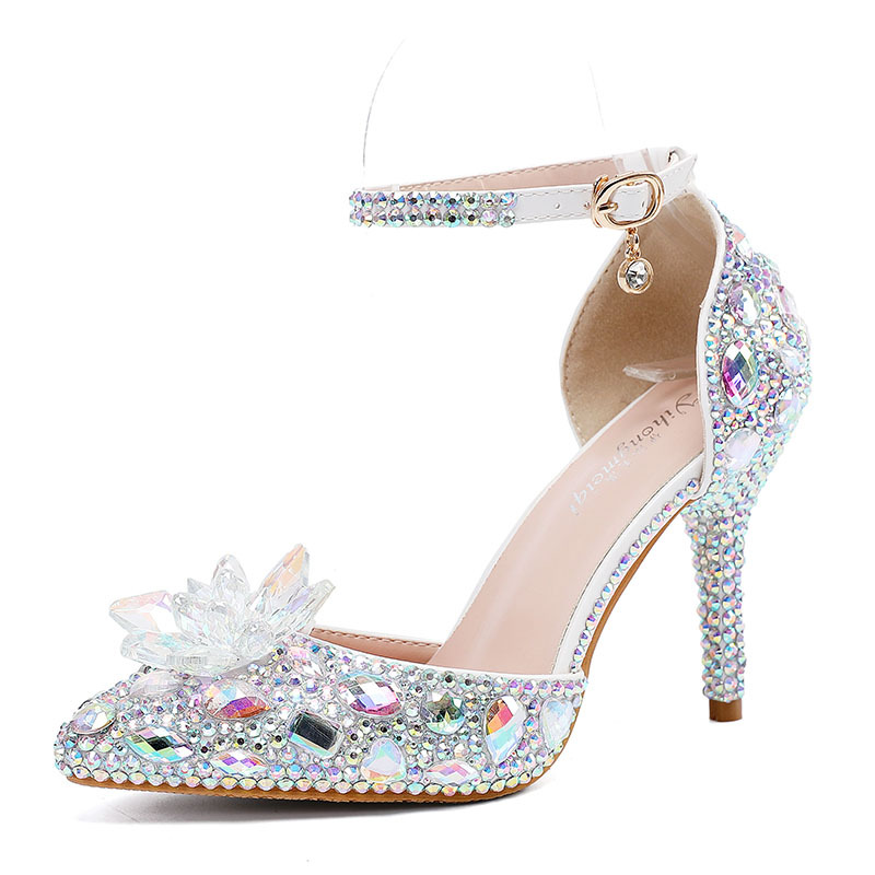 Crystal Rhinestone Pointed Toe Ankle Strap Wedding Heels