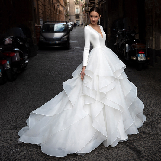 Long Sleeves Ball-Gown Wedding Dresses With Cascading Ruffles