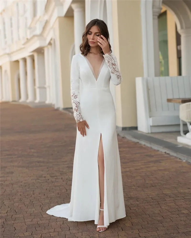 Elegant Lace Long Sleeves Wedding Dress With Split Front