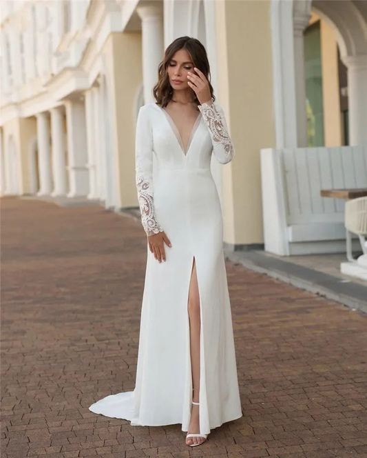 Elegant Lace Long Sleeves Wedding Dress With Split Front