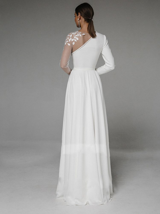 A-Line Scoop Neck Long Sleeves Sweep Train Wedding Dresses With Split Front