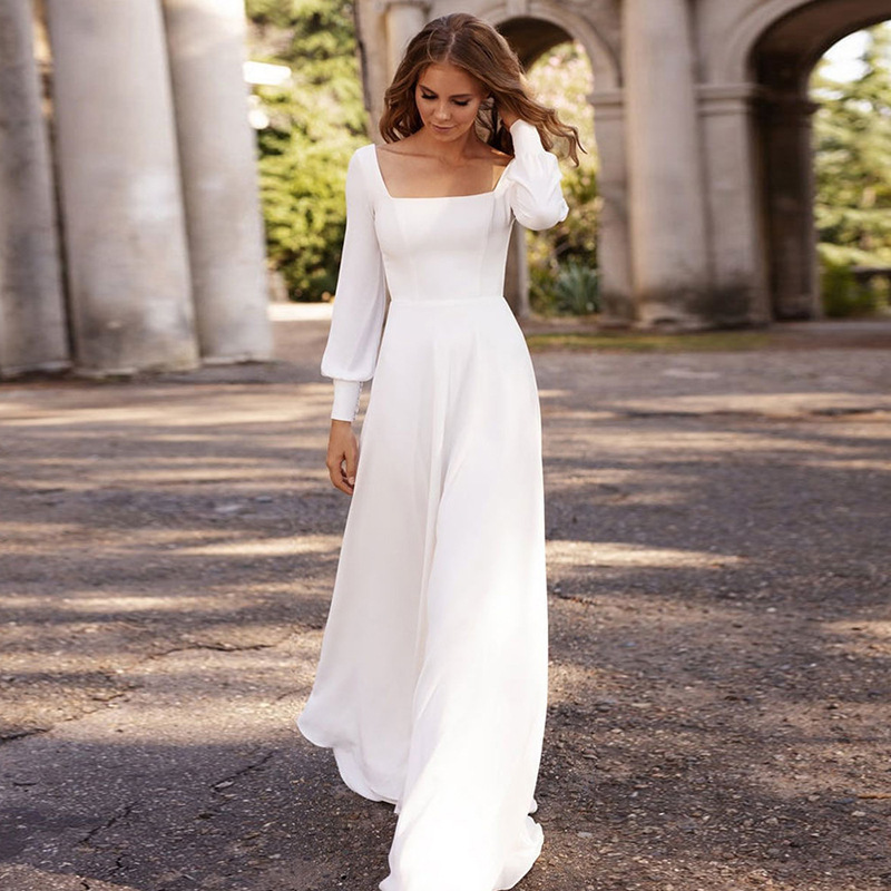 A-Line Square Neckline Long Sleeves Satin Sweep Train Wedding Dress