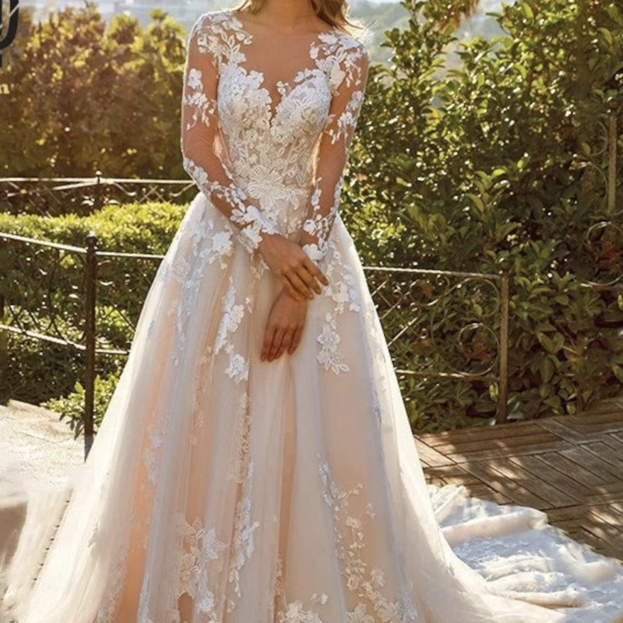 White A-Line Illusion Neck Long Sleeves Lace Wedding Dress