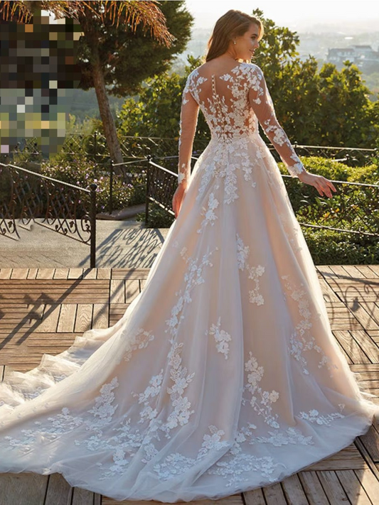 White A-Line Illusion Neck Long Sleeves Lace Wedding Dress