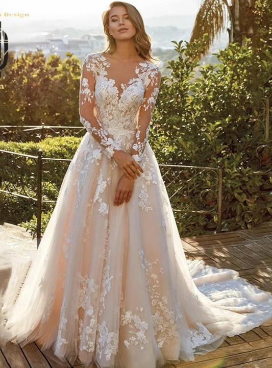 White A-Line Illusion Neck Long Sleeves Lace Wedding Dress