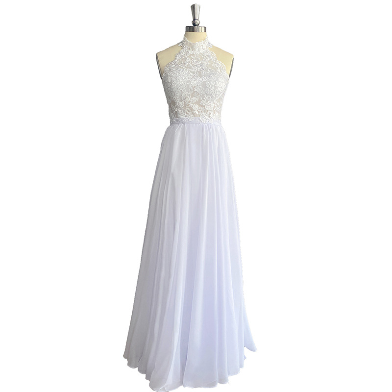 Boho A-Line High Neck Floor-Length Chiffon Wedding Dresses With Appliques Lace