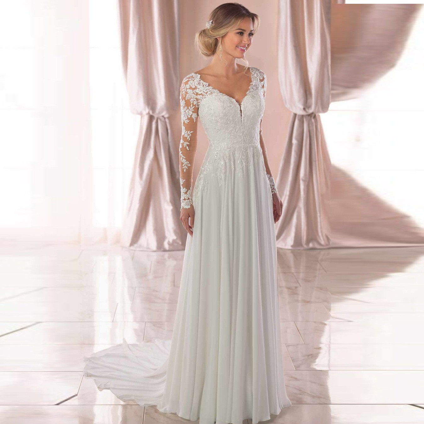 A Line Chiffon Long Sleeves Lace Wedding Dress