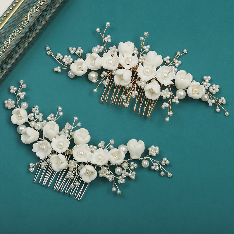 Ivory Porcelain Flower and Pearl Bridal Hair Comb