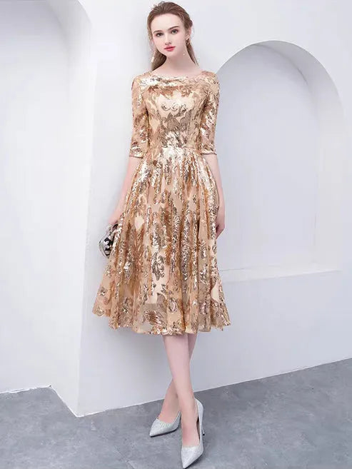 Gold Jewel Neck Half Sleeves Ball Gown Sequins Bridesmaid Dress