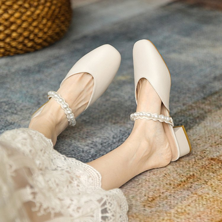 Off-White Square Toe Baotou Bridal Sandal With Pearl Detail