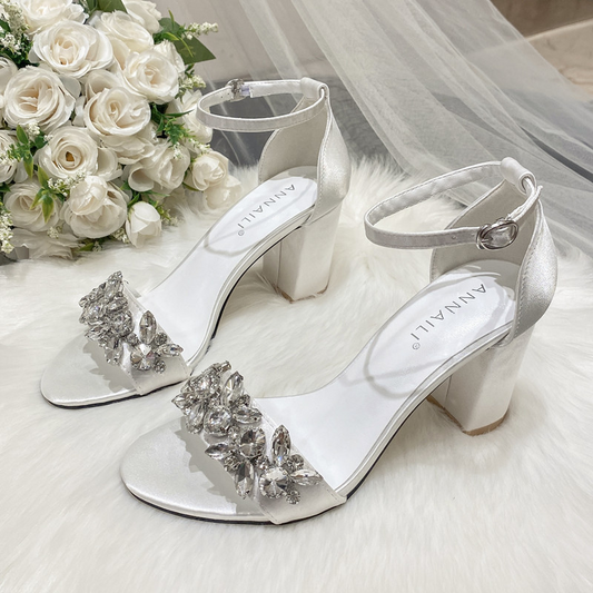 Perfect Bridal White Satin Banquet block Heel Sandals