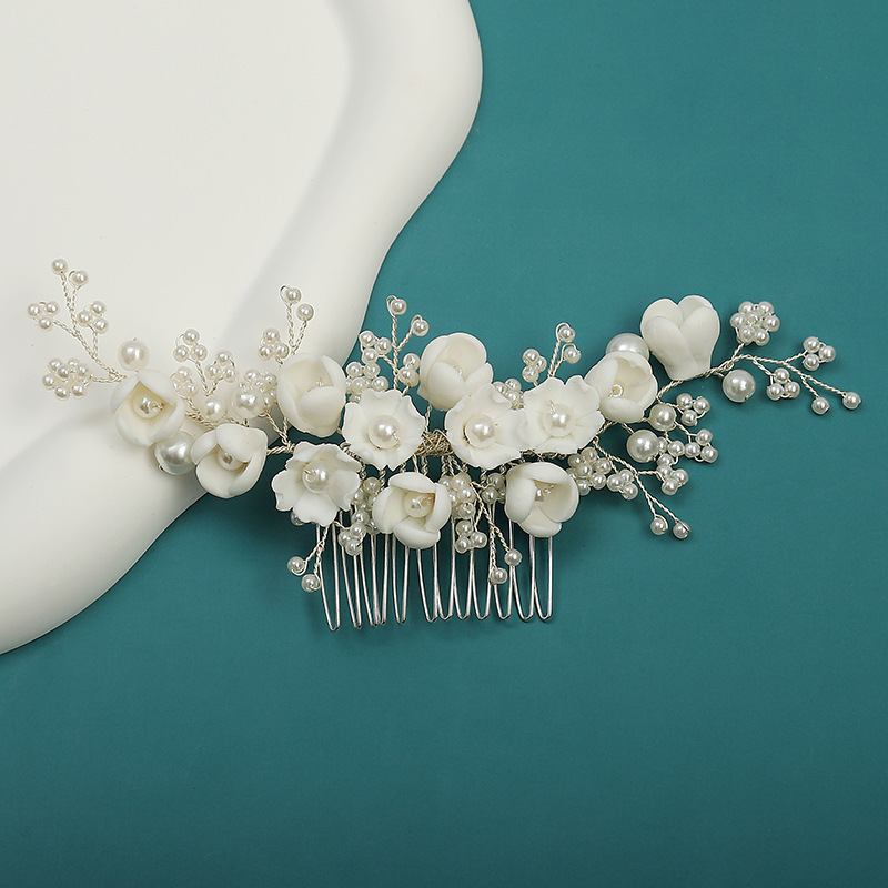 Ivory Porcelain Flower and Pearl Bridal Hair Comb