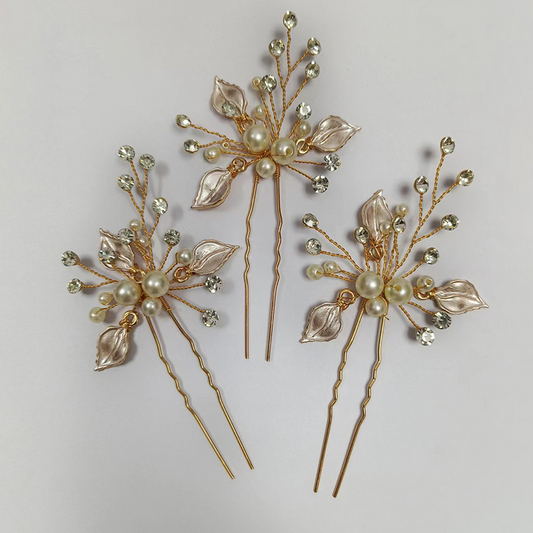 Gold Pearl Rhinestones and Leaves Hair Pin