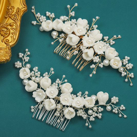 Ivory Porcelain Flower and Pearl Bridal Hair Comb