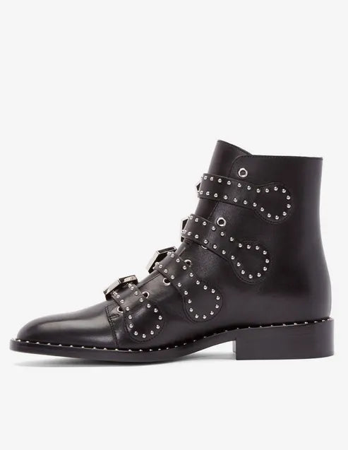 Black Cowhide Studded Buckles Round Toe Motorcycle Boots