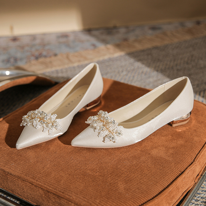 Satin Pointed Toe Pearl Embellished Bridal Flats