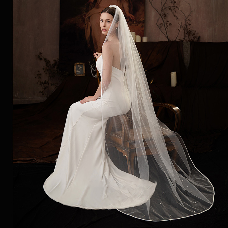 Ivory Single Tier Scattered Beads Satin Edge Bridal Veil